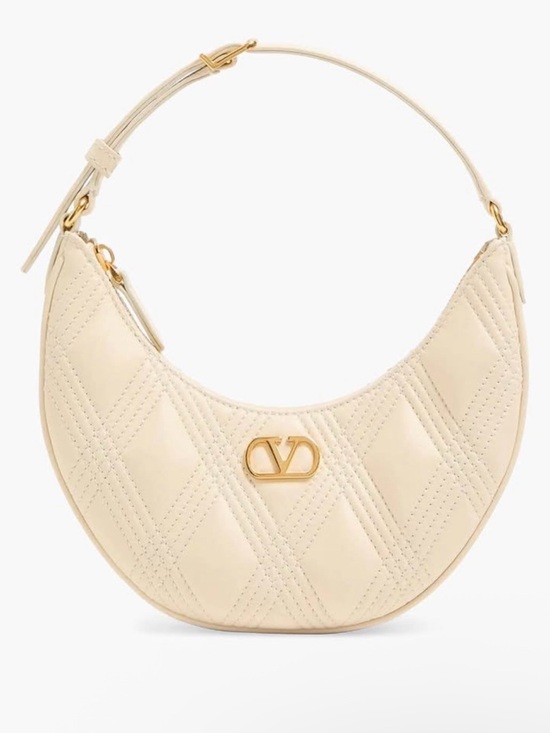 Valentino Garavani Handbags - Valentino Garavani Cream Quilted Half-Moon Shoulder Bag with Gold V Logo